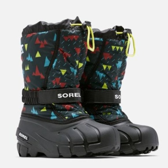 Sorel Flurry Insulated Tall Snow Boots Lined Black Print Youth Size 7 NEW - Picture 2 of 9